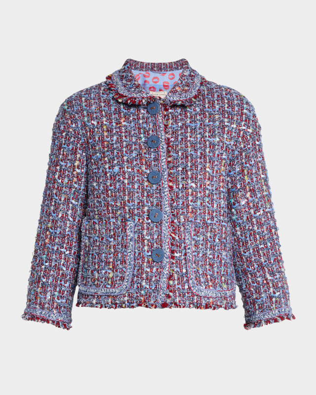 3/4-Sleeve Paillette Multi Tweed Caban Jacket